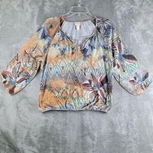 Chicos Teresa Top Womens 0 Watercolor Tribe Keyhole Neck 3/4 Sleeve Boho Peasant